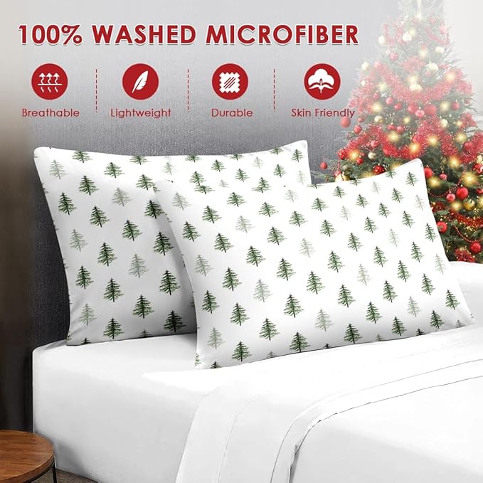 7 Pcs Full Size Christmas Comforter Set with 2 Pillowcases & 2 Shams, Nature Simple Pine Tree Bedding for Kids and Adults, Winter Merry Xmas Bed in a Bag with Flat Fitted Sheet