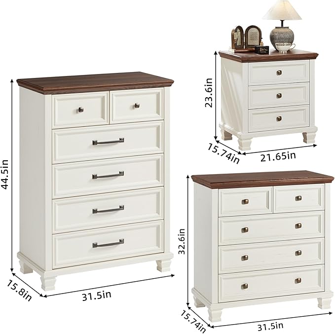 Farmhouse Bedroom Dresser and Nightstand Set of 4, 6 Drawer Tall & 5 Drawers Dresser & 3 Drawer Nightstand Set with Wooden Legs, Rustic Wood Furniture for Bedroom, Hallway, White
