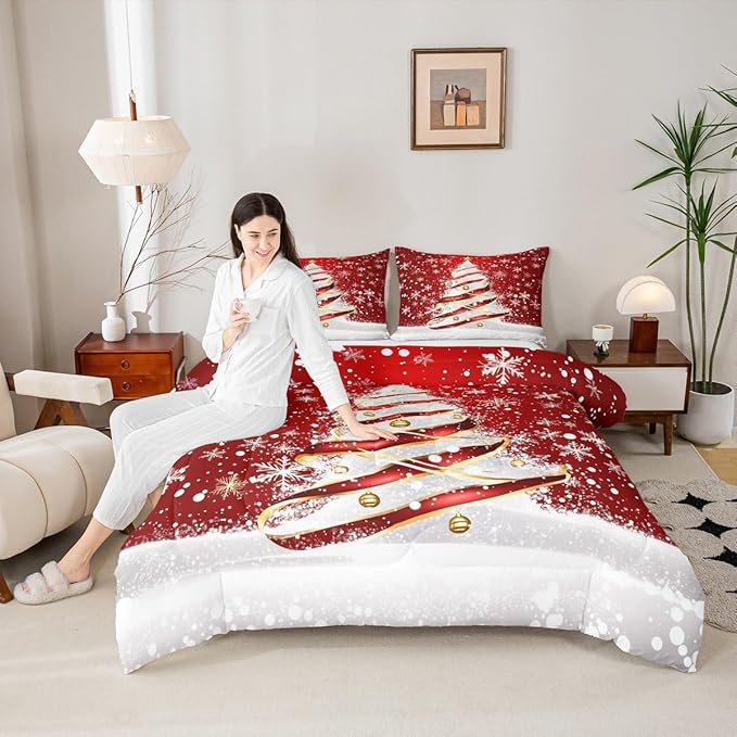 Feelyou Merry Christmas Comforter Set Toddler Size Christmas Tree Bedding Set for Kids Boys Girls Snowflake Duvet Quilt Winter Bedroom Decor Microfiber 2 Pcs with 1 Pillow Cases