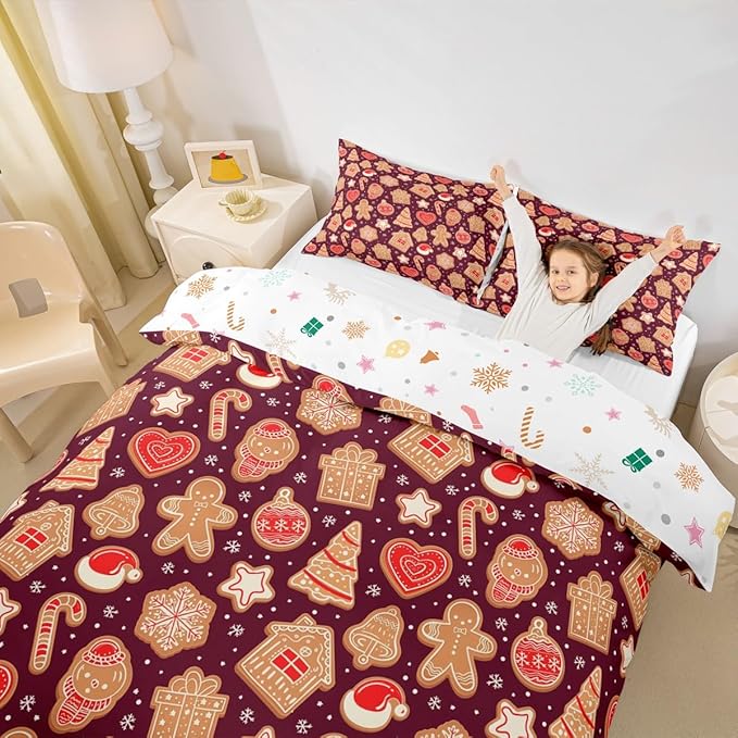 Christmas Duvet Cover Boys Christmas Gingerbread Man Bedding Set for Kids Teens Ultra Soft Snowflake New Year Comforter Cover Set Xmas Theme Bedspread Cover Room Decor Twin Size Bedclothes Zipper