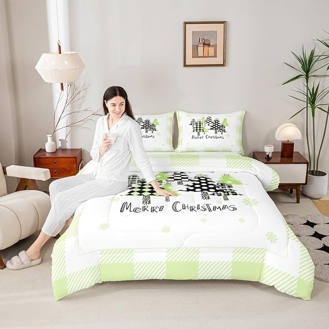 Manfei Xmas Trees Comforter Set Queen Size, Green Plaid Grid Snowflake Bedding Set 3pcs for Kids Girls Adults Bedroom Decor, Christmas Theme Down Comforter New Year Quilt Set with 2 Pillowcases