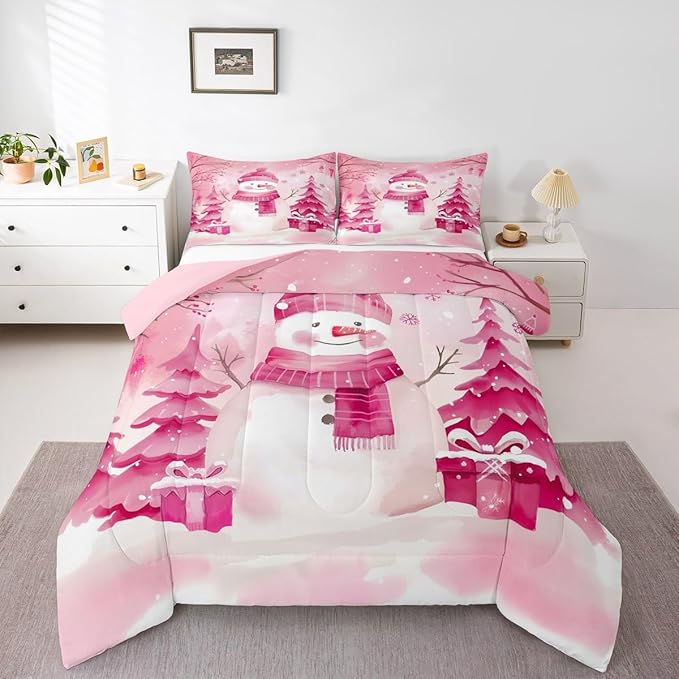 Feelyou Pink Christmas Comforter Set Full Size Snowman Bedding Set for Kids Boys Girls Cute Snowflake Duvet Quilt Merry Christmas Tree and Snowman Room Decor 3 Pcs with 2 Pillow Cases