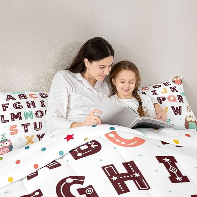 Feelyou Alphabet Kids ABC Learning Comforter Set King Size Cartoon Owls Bedding Set for Kids Boys Girls Educational Nursery Art Duvet Quilt Wildlife Bedroom Decor Microfiber 3 Pcs with 2 Pillow Cases