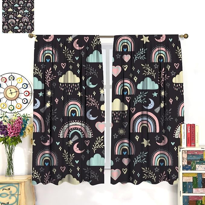 Boho Rainbow Curtains for Kids Nursery Colorful Floral Sun Star Clouds Pastel Bohemian Pattern Print Window Drapes for Girl Bedroom Living Room Kitchen Decor,2 Panel Set,42Wx54H Inch Blackout
