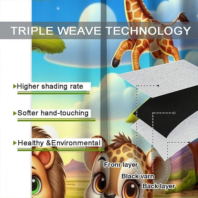 Jungle Safari Window Curtains for Kids Boys Girls Watercolor Cartoon Forest Animals Baby Living Room Bedroom Nursery Toddler Rod Pocket Drapes 72" W X 63" L