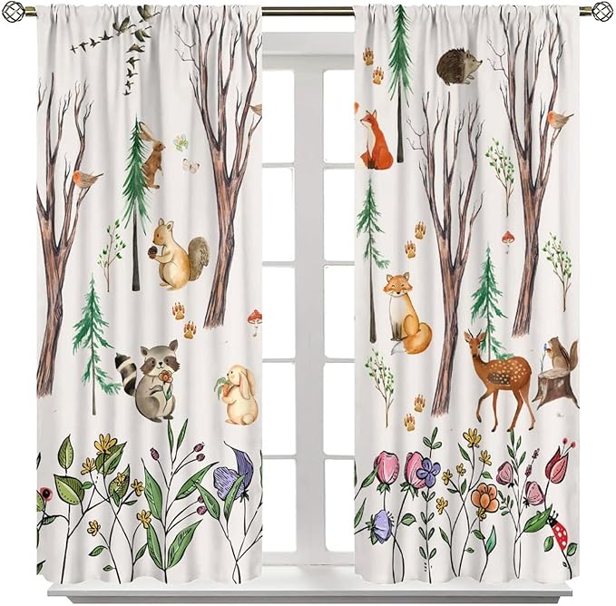 Forest Animal Kids Curtains, Watercolor Cartoon Window Treatments, Cute Animal Floral Girl Toddler Home Bedroom Living Room Drapes 52x84in