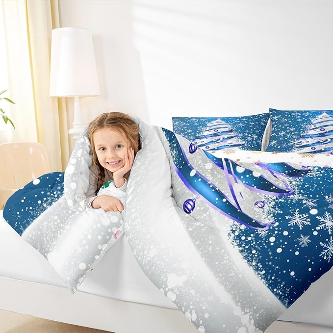 Feelyou Merry Christmas Kids Comforter Set King Size Christmas Tree Bedding Set Snowflake Duvet Quilt for Kids Boys Girls Bedroom Winter Decor Microfiber Ultra Soft Breathable