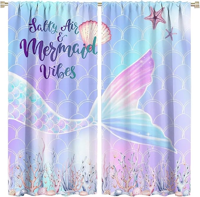 Fantasy Mermaid Curtain Colorful Rainbow Fish Tail Ocean Theme Beautiful Kids Window Treatment for Girls Bedroom Nursery Room Decor Rod Pocket Window Drapes 42x54in