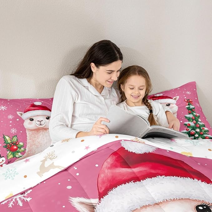 Feelyou Merry Christmas Bedding Set Soft for Boys Girls, Cute Llama Comforter Set King Size Snowflake Duvet Quilt Microfiber Christmas Tree Bedroom Decor 3 Pcs with 2 Pillow Cases