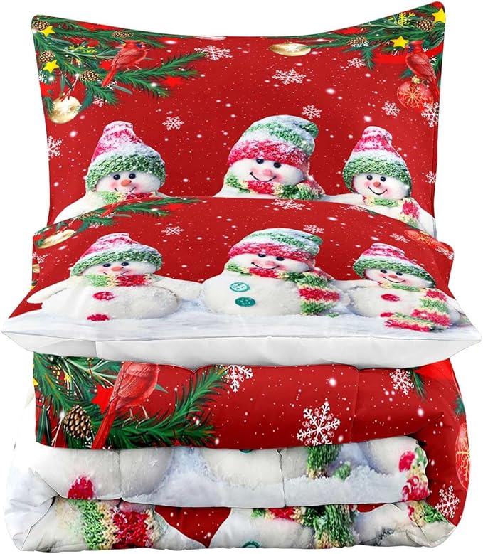LUVIVIHOME 3PCS Merry Christmas Comforter Set King Size, Funny Cute Snowman Bedding, Cardinal Snowflake Xmas Christmas Bedroom Decor for Kids Girls Boys Teens, Red Quilt, 2 Pillow Cases