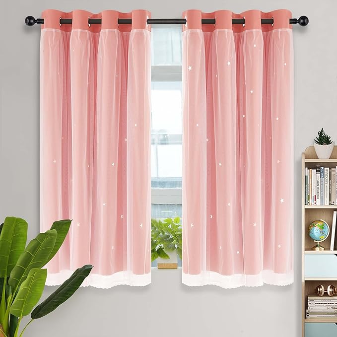Kinryb Princess Curtains for Girls Bedroom with Sheer Overlay,Double Layer Curtain for Living Room with Star Cutout, Curtains for Kids Room (52 W*63 L Inches,2 Pcs Coral)