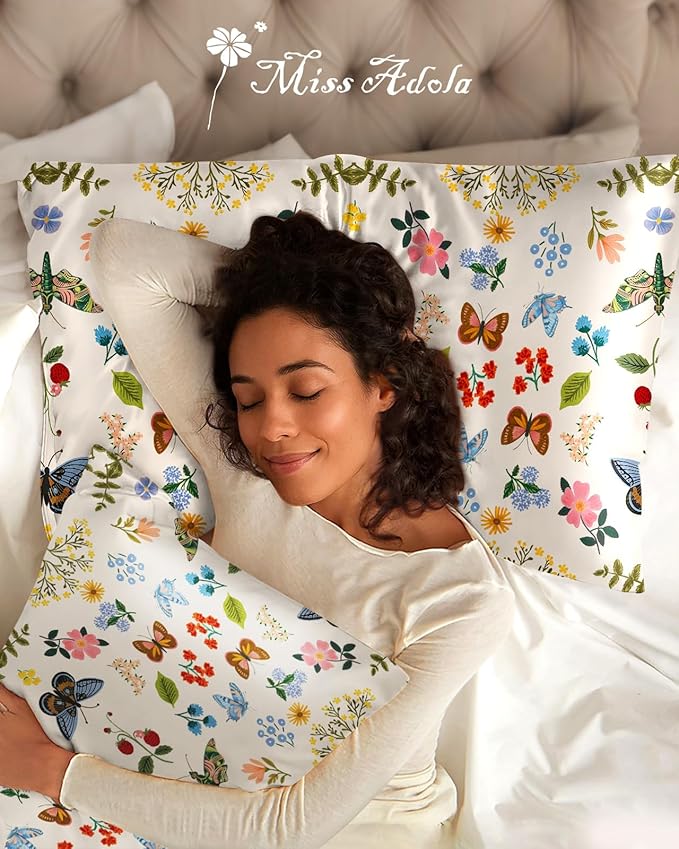 Silk Pillowcase 2 Pack - Cute Pillow Cases 20" x 26" Standard Size Set of 2 for Hair and Skin Smooth Soft Breathable with Hidden Zipper Cooling Pillow Covers for Sleeping, Butterfly Leaf