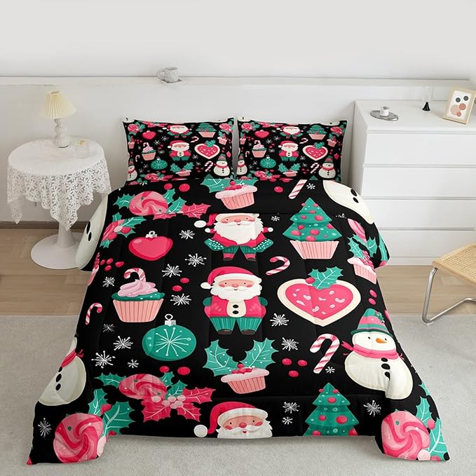 Feelyou Christmas Decor Comforter Set Queen Size Pink Santa Claus Bedding Set for Kids Boys Girls New Year Gift Duvet Quilt Snowman Bedroom Decor Microfiber 3 Pcs with 2 Pillow Cases