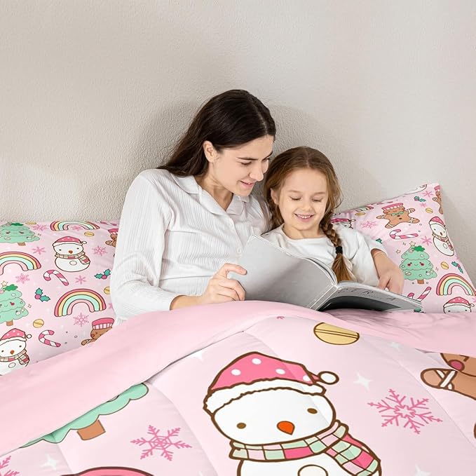 Feelyou Christmas Kids Comforter Set Toddler Size Merry Christmas Tree and Snowman Bedding Set Gingerbread Man Duvet Quilt for Kids Boys Girls Bedroom Rainbow Print Decor Snowflake Soft Breathable