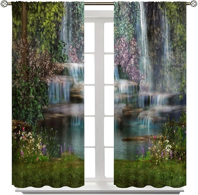 Natural Waterfall Blackout Window Curtains, Waterfalls Flowers Trees Landscape Window Drapes, for Living Room Bedroom 42" W X 54" L