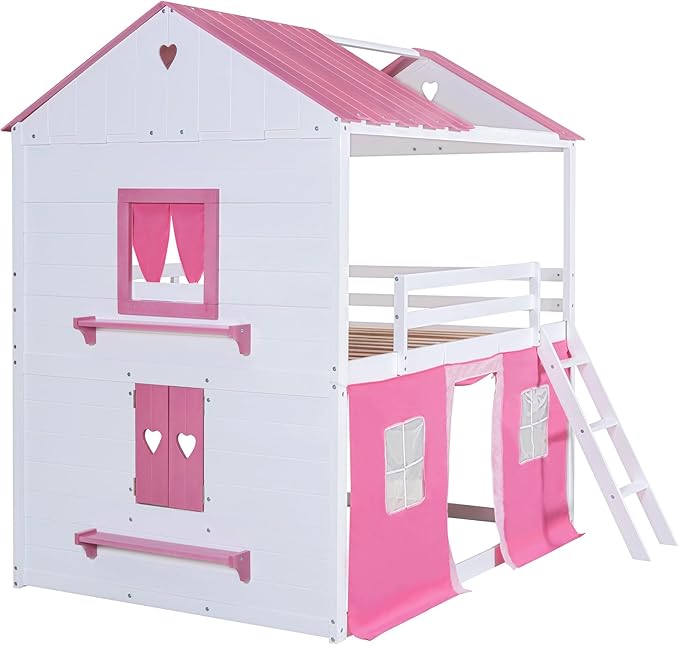 Twin Size House Bunk Bed with Elegant Windows and Sills, Solid Wood Tent Bed Frame with Guardrails for Kids Teens Boys Girls, Versatile Spacious Under Bed Space with Curtains (Pink+White T)