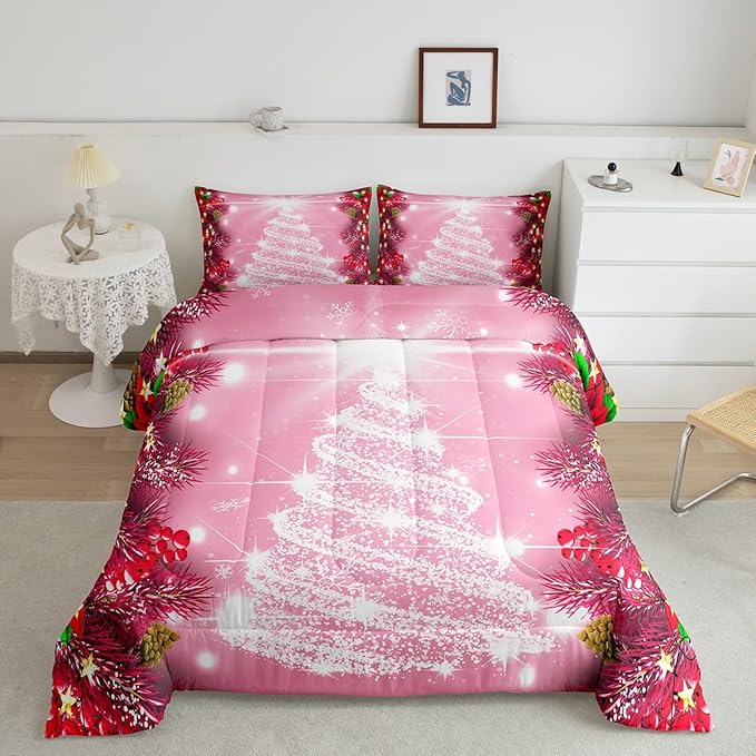 Feelyou Kids Merry Christmas Decorations Comforter Set, Kids Santa Tree Bedding Set King Size for Boys Girls Teens Xmas Christmas Bell Decor Comforter Glitter Pink Quilt Set
