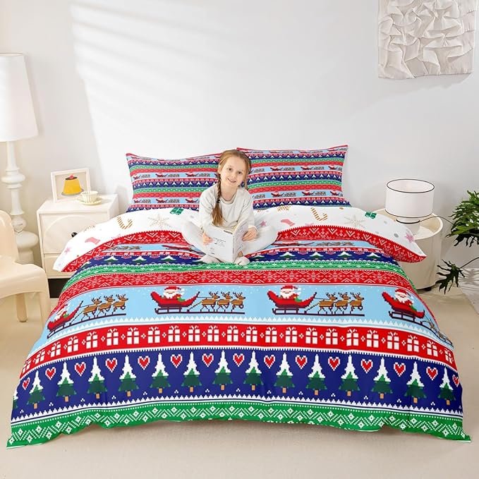 Feelyou Christmas Duvet Cover Cartoon Santa Claus Deer Bedding Set for Kids Boys Girls Teens Room Decor Christmas Tree Comforter Cover Set Exotic Ethnic Pattern Bedspread Cover 2Pcs Zipper Twin Size