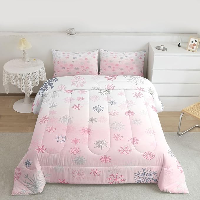 Feelyou Pink Snowflake Comforter Set Full, Glitter Snowflake Comforter for Boys Girls Winter Theme Bedding Set Winter Holiday Duvet Set Decorative 3Pcs