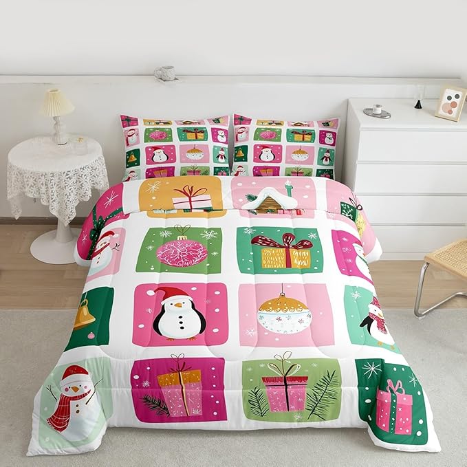 Feelyou Happy New Year Bedding Set Soft for Boys Girls, Christmas Decor Comforter Set Full Size Merry Christmas Duvet Quilt Microfiber Winter Penguin Bedroom Decor 3 Pcs with 2 Pillow Cases
