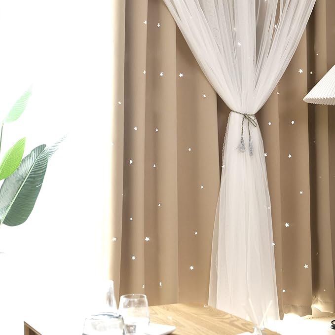 Kinryb Kids Blackout Curtains for Bedroom/Living Room/Classroom, Sheer Overlay 2 Panel Set, Double Layer Curtains with Star Cutout for Kids Room(Each Piece W 70 x L 63 Inches 2 Pcs Beige)