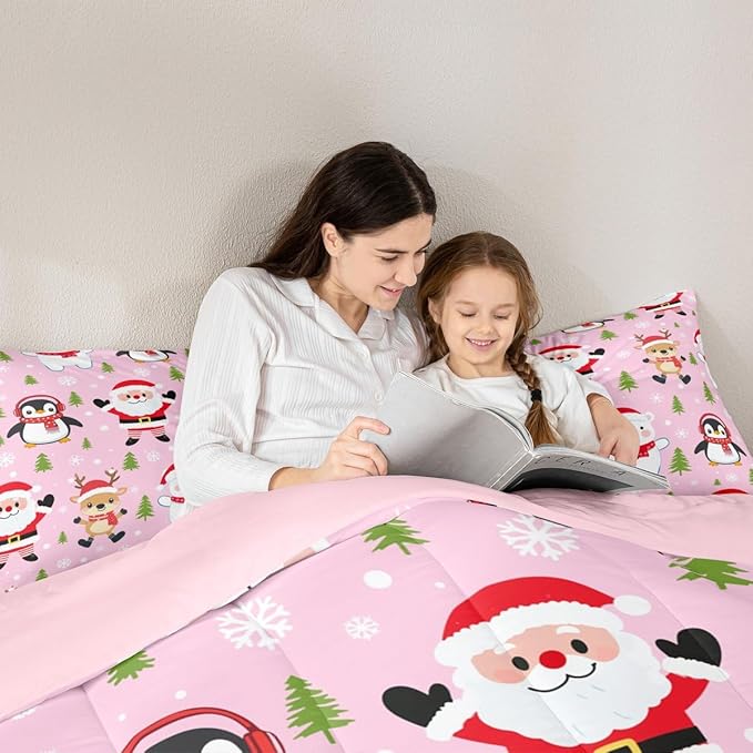 Feelyou Pink Christmas Bedding Set Soft for Boys Girls, Santa Claus Comforter Set King Size Penguin Deer Duvet Quilt Microfiber Xmas Snowflake Tree Bedroom Decor 3 Pcs with 2 Pillow Cases