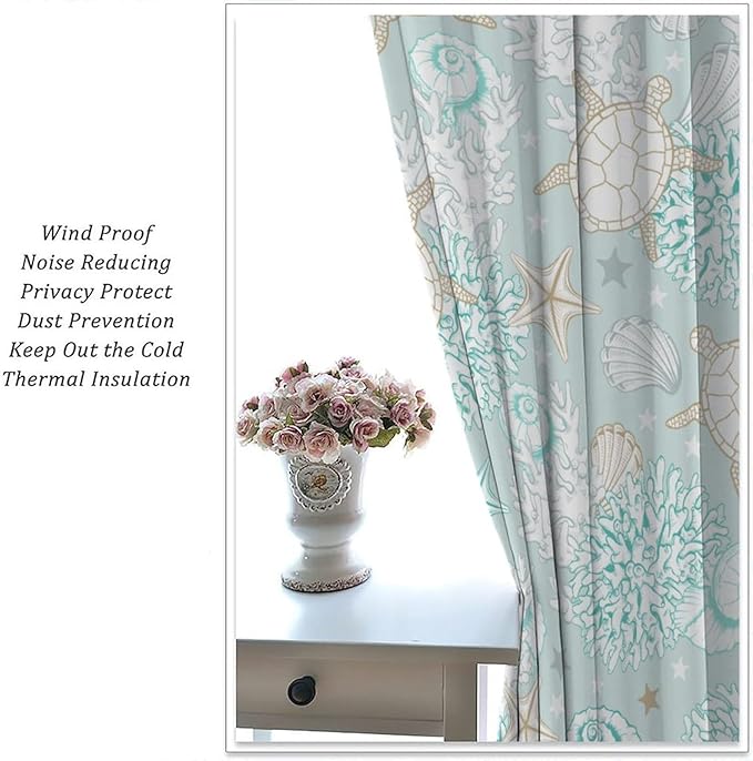 Nautical Curtains,Seagorses Coral Starfish Reef Seashell Beach Sea Seashell Pattern Blackout Print Home Bedroom Living Room Window Treatmen 2 Panel Set 52x84 Inch