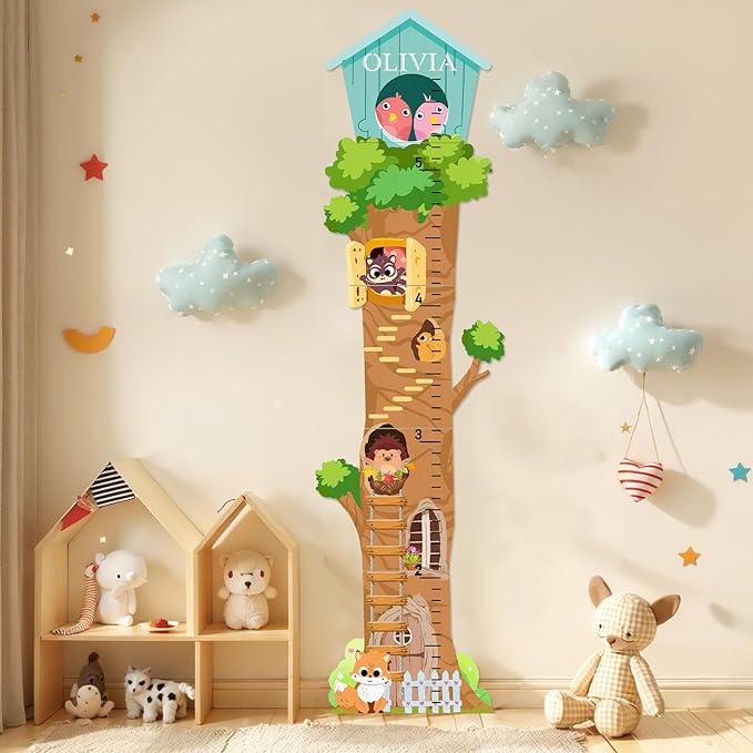 Personalized Wooden Growth Chart, Tree House Animals Height Chart for Kids Room, Wood Kids Measuring Chart, Nursery Growth Chart Ruler Measuring Board for Boys Girls