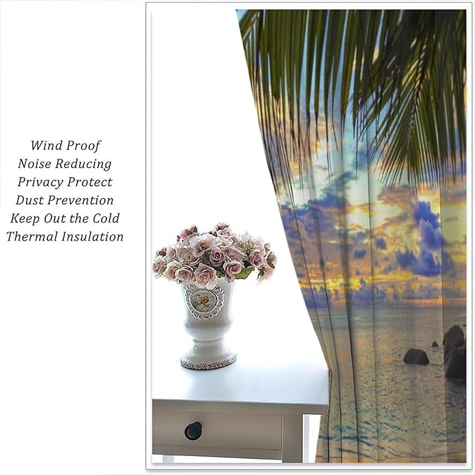 Ocean Beach Curtains,Sunset on Beach in The Evening Hawaiian Seaside Scene Pattern Blackout Print Home Bedroom Living Room Window Treatments 2 Panel Set 84x84 Inch