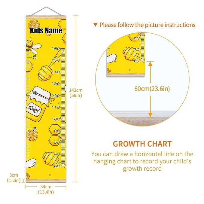 Personalized Kids Name Growth Chart Ruler for Wall Wood Frame Height Measure Chart 13.4x56 in Linen Hanging Height Growth Chart Yellow Cute Bees Pattern Kids Room Decor