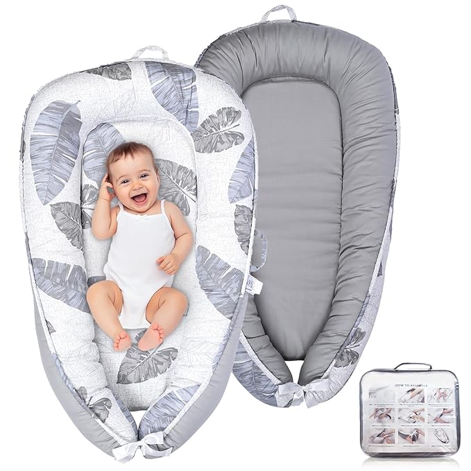 Baby Lounger – Infant Lounger for Newborn 0–24 Months, Baby Nest Lounger, Portable Newborn Lounger, Soft Breathable Cotton, Essentials for Babies at Home and Travel (Gray Feather)