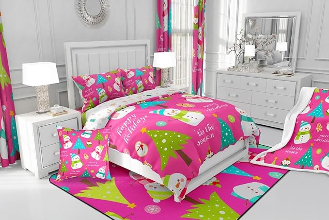 Erosebridal Christmas Kids Comforter Set Cartoon Snowman Quilts for Boys Girls Adults Xmas Tree Bedding Set Cartoon Snowflake Bedroom Decor Duvet Insert Full Size