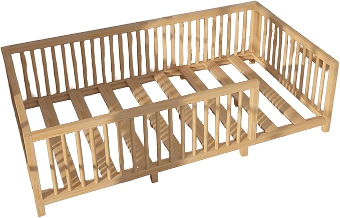Montessori Floor Bed with Slats for Toddler 39.4'' x 75.2'' Twin Size | Pine Wood Natural Solid Frame Bed | Sturdy Design Floor Bed Frame for Boy and Girls (Twin, Height : 19 Inches)
