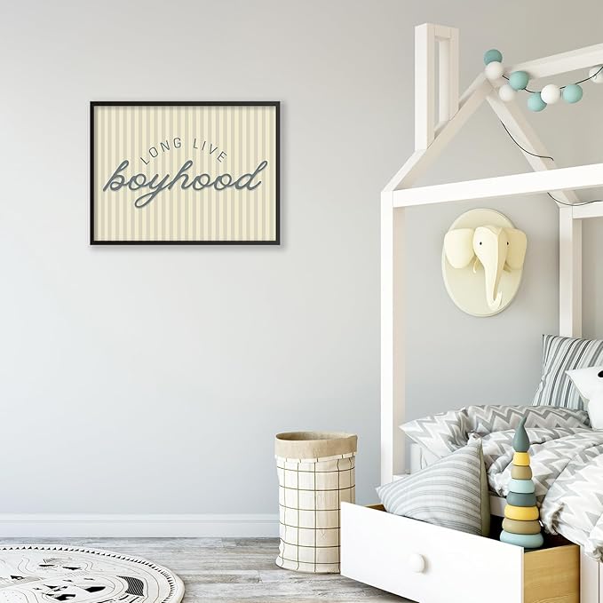 Long Live Boyhood Quote Wall Art Preppy Blue Stripe Poster 08x10 inch Black Framed Modern Fashion Minimalist Canvas Prints for Boy Nursery Bedroom Wall Decor