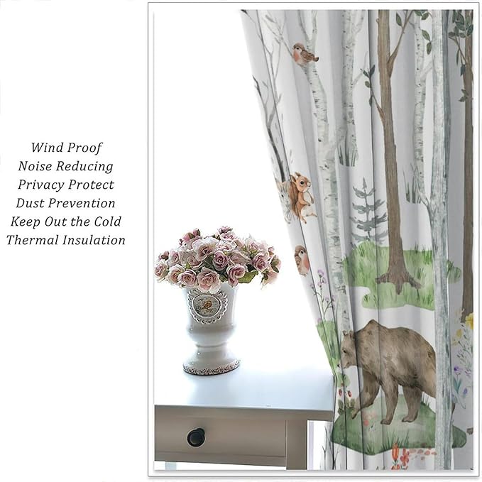 YCness Woodland Animals Curtains, Wild Animals Watercolor Forest Bear Deer Fox Rabbit Floral Nature Window Treatments for Bedroom Kitchen Nursery Living Room Drapes, 72x63 Inch