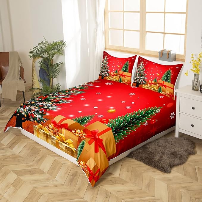 Feelyou Christmas Bedding Duvet Cover Set Kids Christmas Tree Bedding Set Boys Girls Snowflake Gift Boxes Decor Comforter Cover Set Microfiber Xmas Theme Bedspread Cover Bedroom Bedclothes Full Size