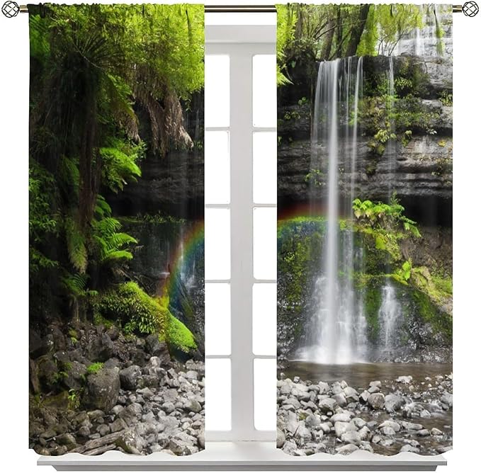 Natural Landscape Waterfall Blackout Curtains, Forest Falls Spring Natural Scenery Green Plant Tree Leaf Rod Pocket Window Drapes, for Bedroom Living Room 42" W X 54" L