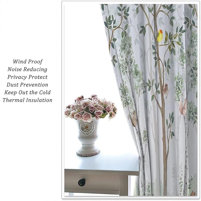 Kids Watercolor Woodland Animal Window Curtains, Bear Deer Squirrel Hedgehog Fox Birds Green Forest Blackout Rod Pocket Treatment for Boys Girls Bedroom 52x84in