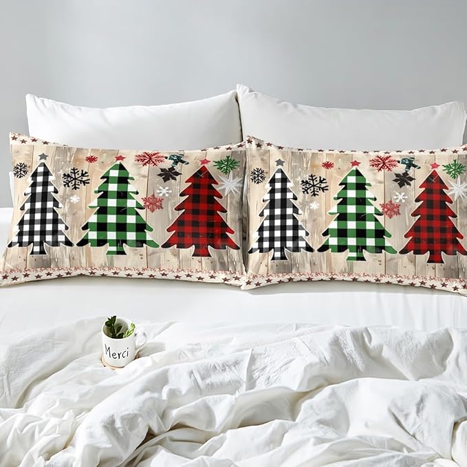 Manfei Xmas Plaid Trees Duvet Cover Set King Size, Western Texas Star Bedding Set 3pcs for Kids Boys Girls, Christmas Theme Comforter Cover Wooden Plank Quilt Cover with 2 Pillowcases,No Comforter
