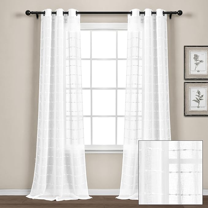 Lush Decor Farmhouse Textured Grommet Sheer Window Curtain Panel Pair, 38"W x 108"L, Bleach White