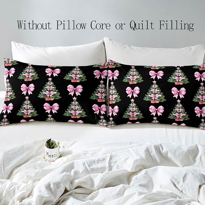 LUVIVIHOME 3PCS Christmas Tree Pink Bow Duvet Cover King Bedding Set, Teen Girl Bedding, Black Duvet Cover, Bowknot Xmas Tree Winter Holiday Festival Coquette Christmas Comforter Cover, 2 Pillow Cases