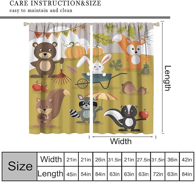 Cartoon Curtains, Jungle Animals Autumn Fun Pattern Window Treatments, Rod Pocket Thermal Insulated Drapes 2 Panel Sets for Children Boys Bedroom Nursery Classroom, 42" W X 45" L【Decor】