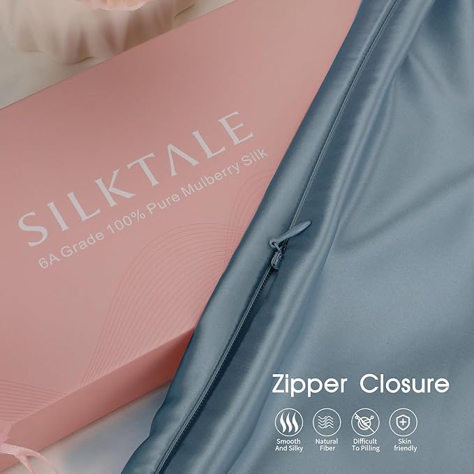 100% Mulberry Silk Pillowcase for Hair and Skin,Both Sides Natural Silk Bed Pillow Case with Hidden Zipper,19 Momme Grade 6A,1pc,Ash Blue,Standard Size 20x26 Inches