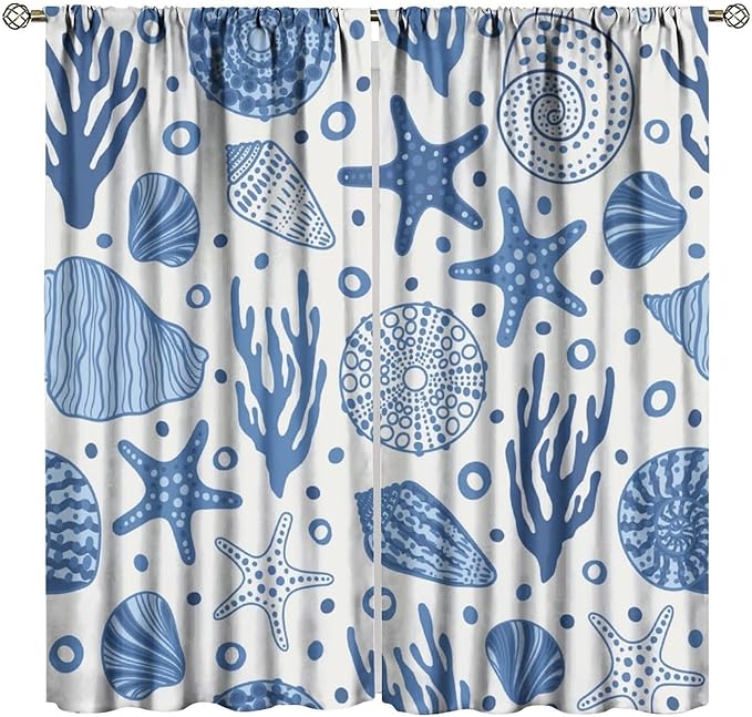 Coastal Nautical Curtains,Coral Starfish Seashell Beach Sea Starfish Seashell Theme Pattern Blackout Print Bedroom Living Room Window Treatmen 7 Panel Set 84x84 Inch