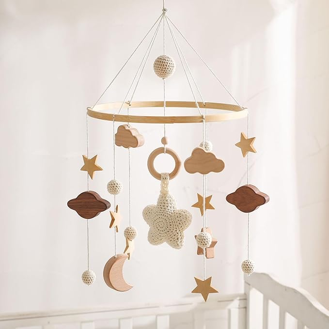 Baby Crib Mobile, Stars Clouds Moon Baby Mobile with Crisp Sound, Hand-Crocheted Wood Nursery Mobiles, Boho Crib Toys Hanging for Boys Girls
