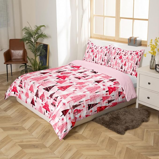 Manfei Cartoon Tree Duvet Cover Set Queen Size, Christmas Theme Bedding Set 3pcs for Kids Girls Adults, New Year Pink Plaid Comforter Cover Soft Polyester Quilt Cover with 2 Pillowcases,No Comforter