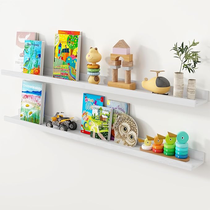 Axeman Oak Picture Ledge Shelf, 48 Inch Floating Shelves Set of 2, Solid Oak Wood Wall Shelves with Lip, Wall Decor Storage for Bedroom Living Room Bathroom Kitchen Nursery Photo Picture, White