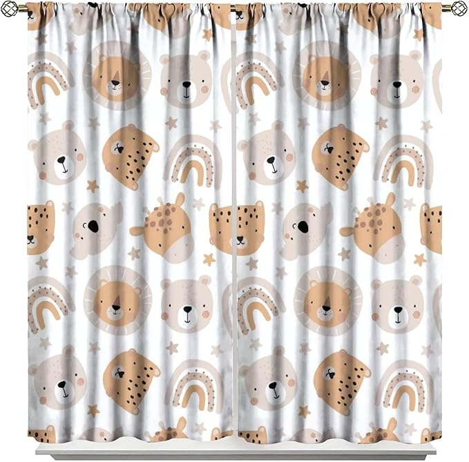 Cartoon Boho Animal Curtains,Funny Forest Safari Print,Cute African Wildlife Koala Giraffe Lion Leopard Bear Rainbow Blackout Window Drapes for Boys Girls Kids Baby Child Bedroom 84x84in