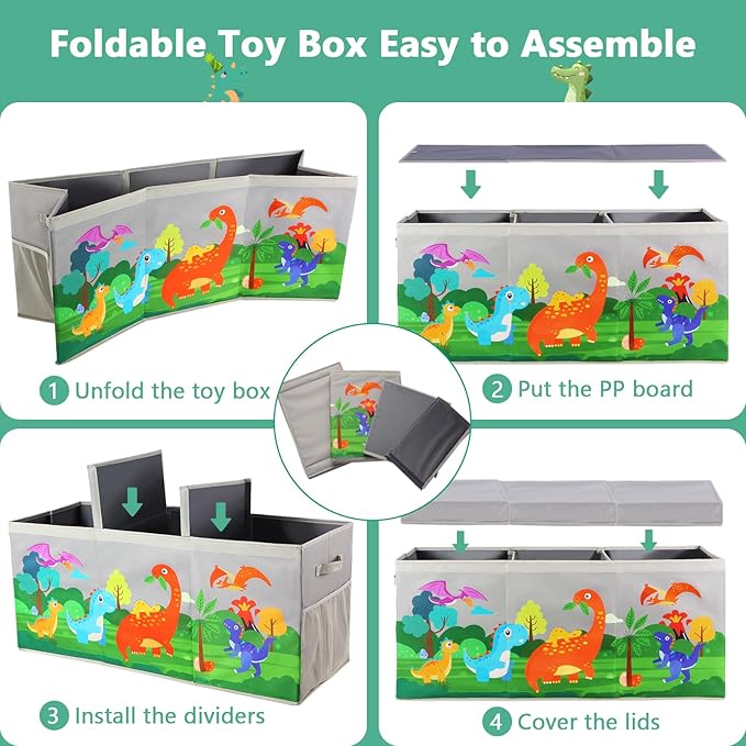 Extra Large Toy Box Chest with Lids, Collapsible Toy Storage Organizer for Kids, Dinosaur Toy Bin Box for Toddlers Boys Girls, Toy Organizer for Living Room Nursery Playroom Bedroom Home Gray