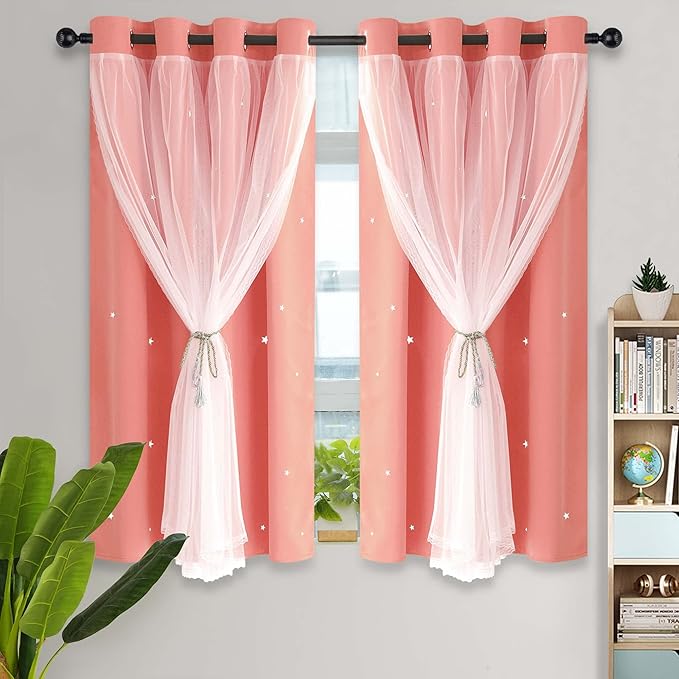 Kinryb Princess Small Curtains for Girls Bedroom with Sheer Overlay,Double Layer Curtain for Living Room with Star Cutout, Curtains for Kids Room (52 W*45 L Inches,2 Pcs Coral)